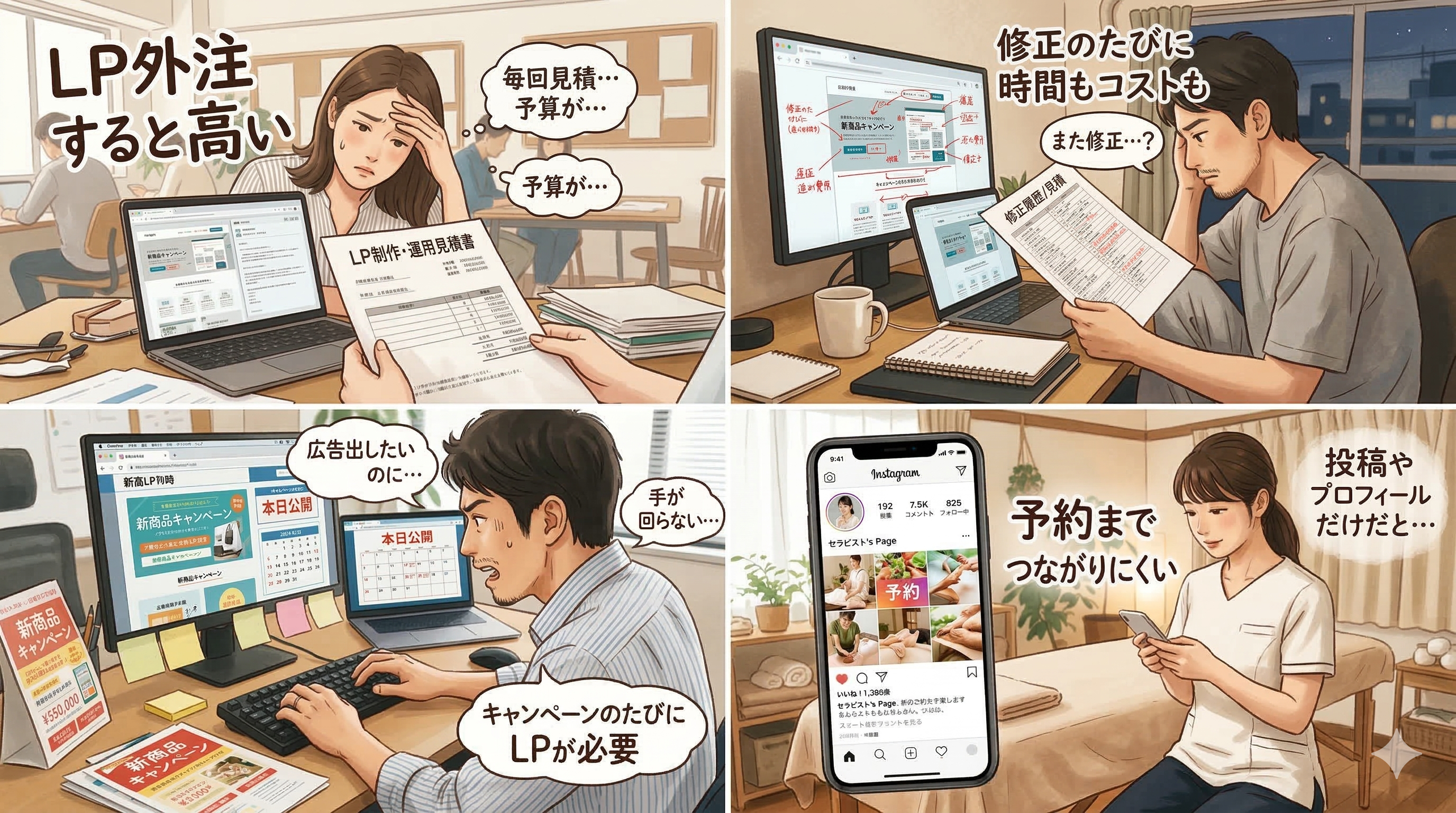 LP外注のコスト、修正の手間、キャンペーンごとのLP、予約までの導線などよくあるお悩み